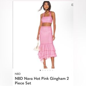 NBD Pink Gingham Halter Crop & Ruffle Midi Skirt Set fits more like medium size